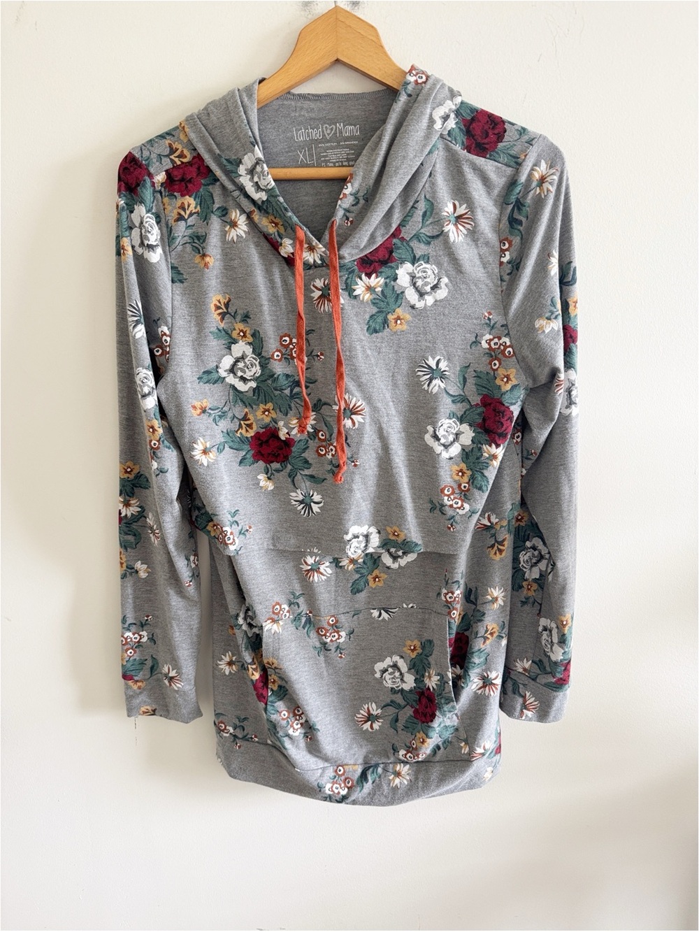 Latched mama nursing fall floral gray burgundy lightweight hoodie sweatshirt XL